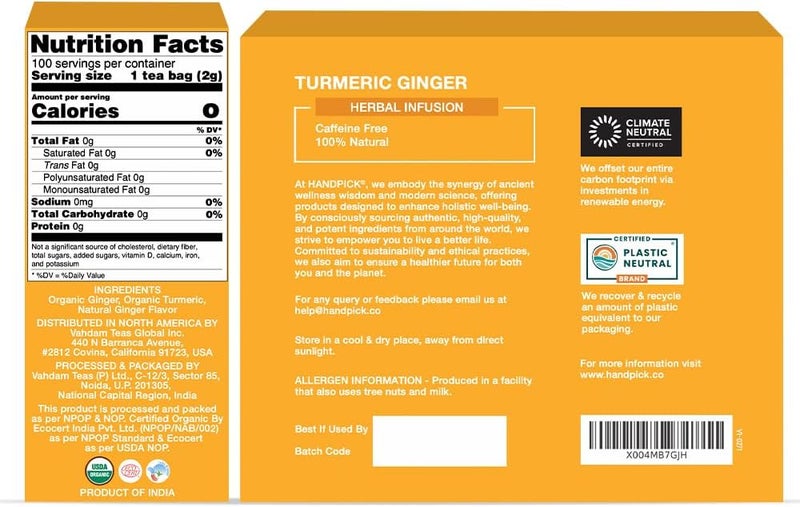HANDPICK Organic Turmeric Ginger Herbal Tea - 100 Bags - Image 2